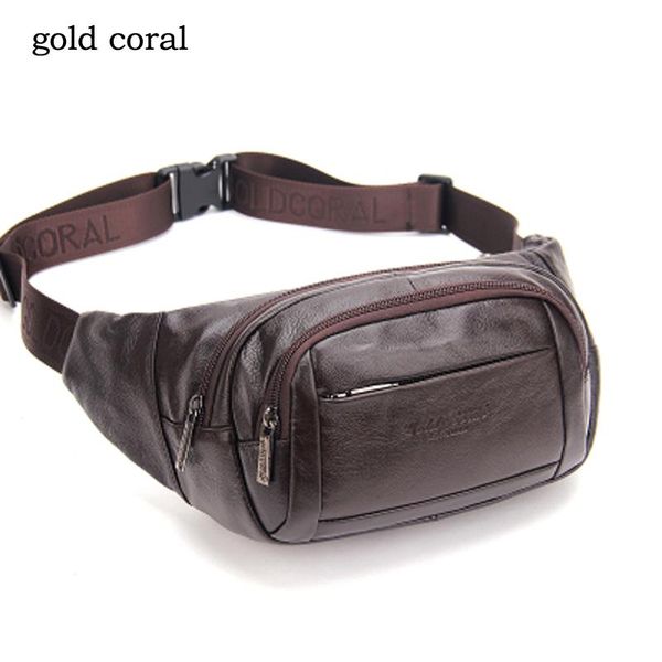 

gold coral genuine leather waist belt bag men messenger shoulder fanny pack male crossbody chest bags travel waist packs purse