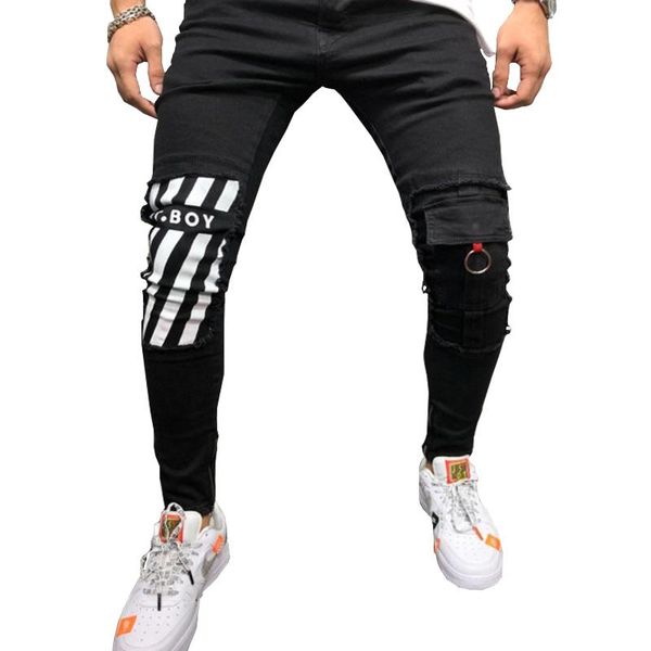 

mens cool designer brand pencil jeans skinny ripped destroyed stretch slim fit hop hop pants with holes for men printed jeans, Blue
