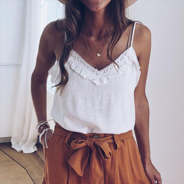 

linen ruffle v neck lace up female tank women basic sleeveless red camisole summer elegant party casual cami, White