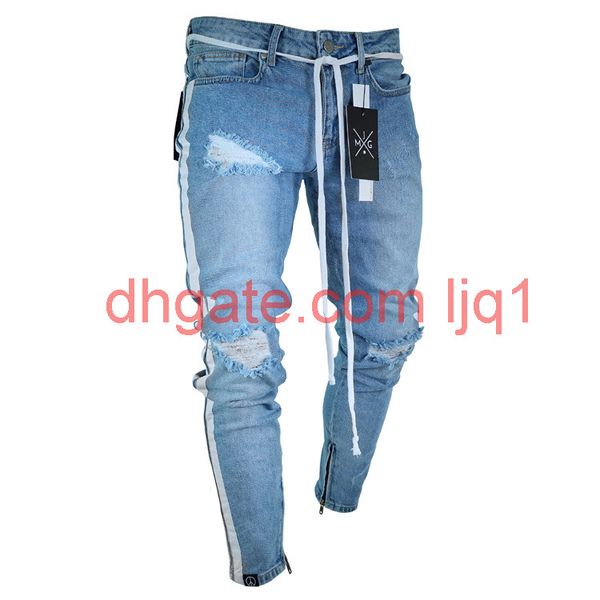 

new quality stretch calf jeans pants with holes, Blue