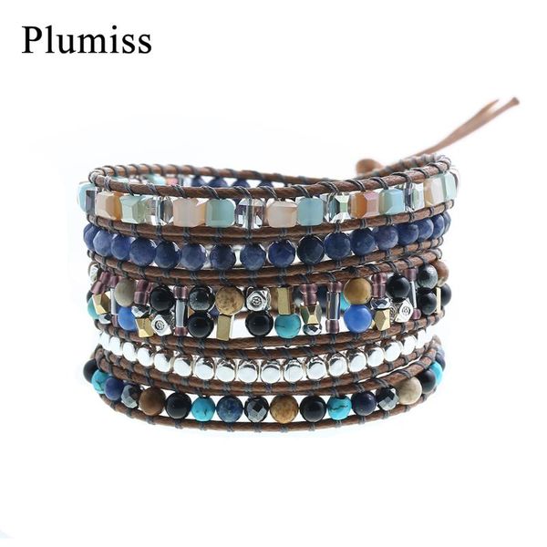 

tennis plumiss mixed natural stone wrap bracelet ethnic 5 strands geometric beads boho bracelets femme jewelry for women drop, Golden;silver