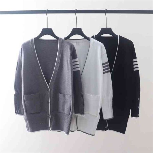

autumn and winter new tb stripe four bar knitted cardigan women's medium long loose v-neck sleeve sweater coat, White