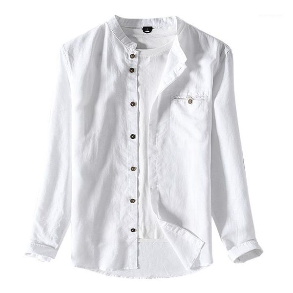 

men's casual shirts 2021 spring brand shirt men linen and cotton white for fashion mens stand collar solid male 1, White;black