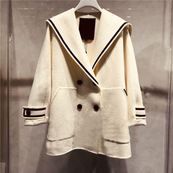 

spot 20 new winter temperament contracted cloth navy collar female q90302352 long in the double-breasted coat, Black