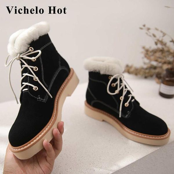 

vichelo snow short boots cow suede sewing platform gladiator round toe med heel lace up keep warm convenient ankle boots l98, Black