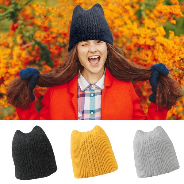 

beanies winter hat fur beanie cat ears hats for women warm knitted female caps solid color soft bonnet cap girls