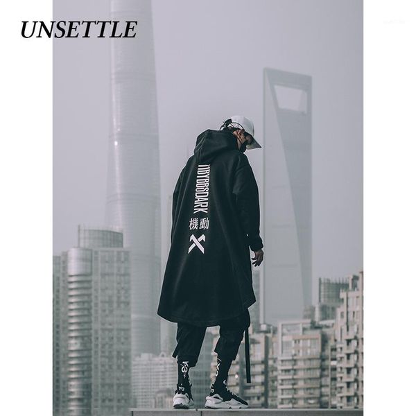 

unsettle mens oversize hoodies style functional long fleece cloak hip hop outwear streetwear coat harajuku male 1, Black