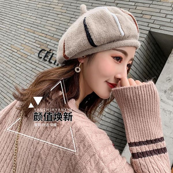 

beanie/skull caps 2021hat lady spring autumn and winter female wool british wind korean version beret hundred model knitting artist hat pump, Blue;gray