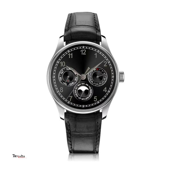 

men's automatic mechanical watch perpetual calendar silver white stainless steel case leather strap moon phase black dial iw344202 requ, Slivery;brown
