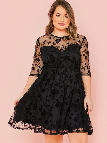 

plus floral flocked mesh overlay dress v3id#, Black