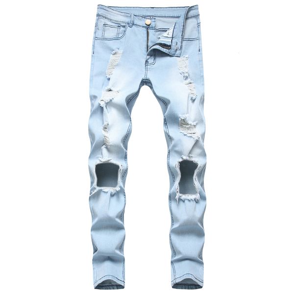 

2021 new men's male trousers european american style ripped denim elastic foot light blue fashion pants wabk