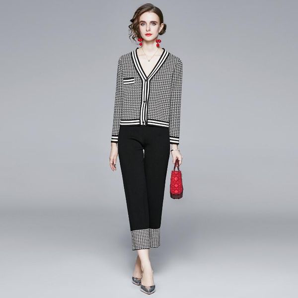

autumn winter two piece set women v-neck houndstooth knitted patchwork long sleeve cardigan+wide leg elastic waist pants suits, Gray