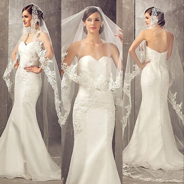 2021 Immagine reale 3 metri Veli da sposa Accessori per capelli da sposa Bianco Avorio Lungo Appliques in pizzo Tulle Cattedrale Lunghezza Velo da chiesa