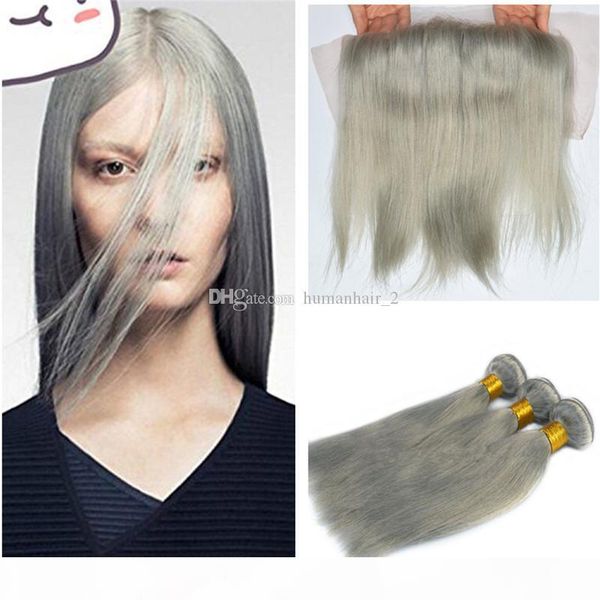 

grey lace frontal with bundles 8a grade full lace frontal closure with straight human bundles grey hair weaves 4pcs lot, Black;brown