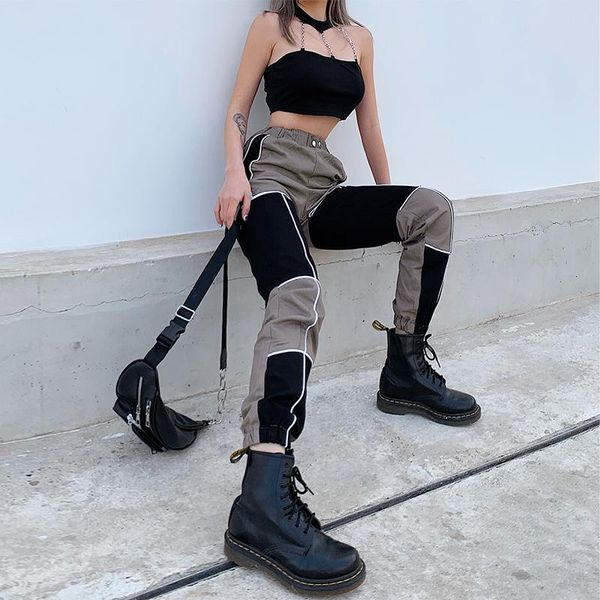 

two color patchwork hip hop harem pants women hollow out gothic streetwear joggers punk cargo pants elastic high waist trousers, Black;white