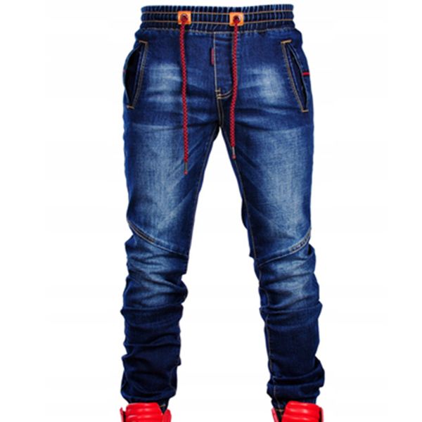 

men's large jeans, jeans with bow at the tight, informal, classic, blue waist, elastic, fashionable and simple