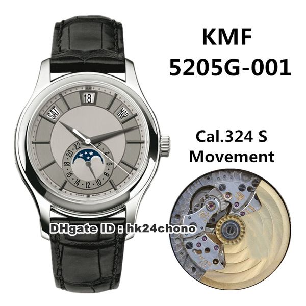 

kmf 5205g-001 complications annual calendar 40mm cal.324 automatic mens watch silver dial leather strap gents watches, Slivery;brown