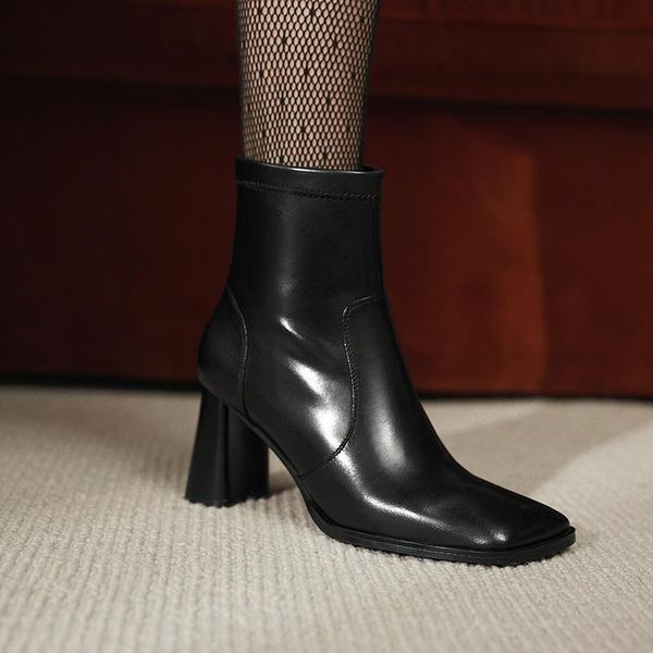 

vintage winter 2020 women genuine leather high heels pumps square toe women's ankle boots night club shoes woman, Black