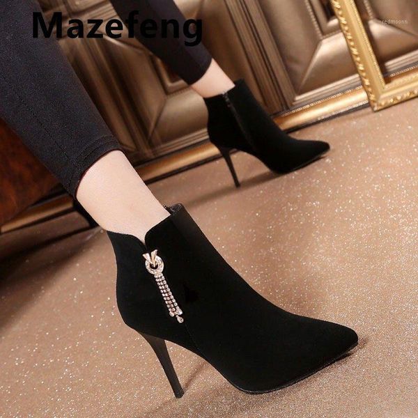 

goohojio 2021 new women boots ankle flock zipper booties high heels autumn shoes black winter boots zapatos de mujer pointed toe1