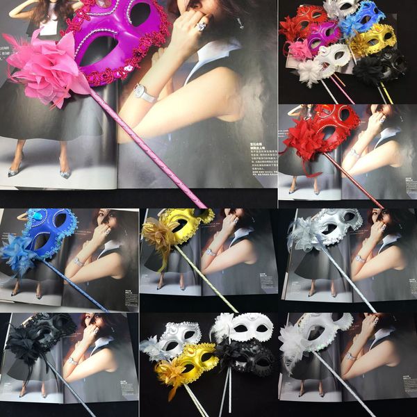 

eyeline luxury woman on stick venetian masquerade party mask sequin lace edge lateral flower gold silver black whit ovlb4