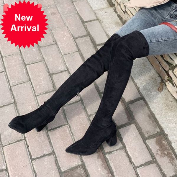 

women on knee boots fashion zipper winter woman pointed to the leg shoe lady shoes size 34-39, Black