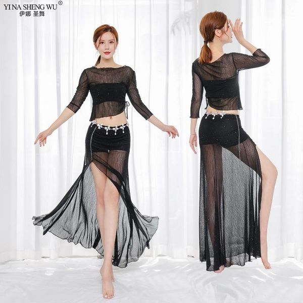 

women fashion bellydance oriental costume set skirt split practice clothes skirt professional belly dance costumes1, Black;red
