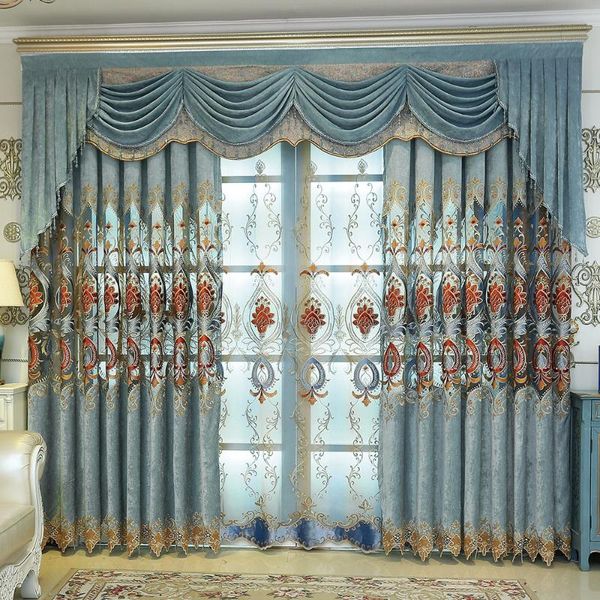 

custom curtains european window hollow blue chenille embroidered bedroom cloth blackout curtain tulle valance drape m688