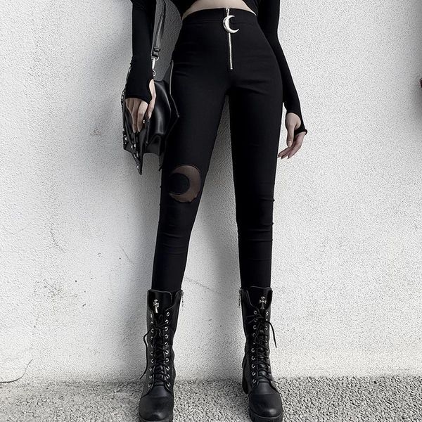 

women crescent zipper high waist bodycon pencil pants 2020 spring goth female dark moon hollow out slim pants, Black;white