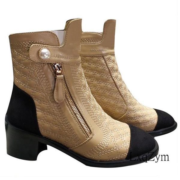 

boots 2021 luxury fashion full sheepskin ankle women side zipper pearl buckle ladies winter warm high heels, Black