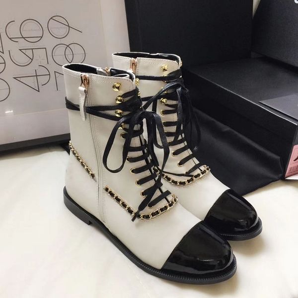

the latest paris model winter c style chain shoe knee-high cowskin women martin boots luxurys designers shoes womens genuine leather boot, Black
