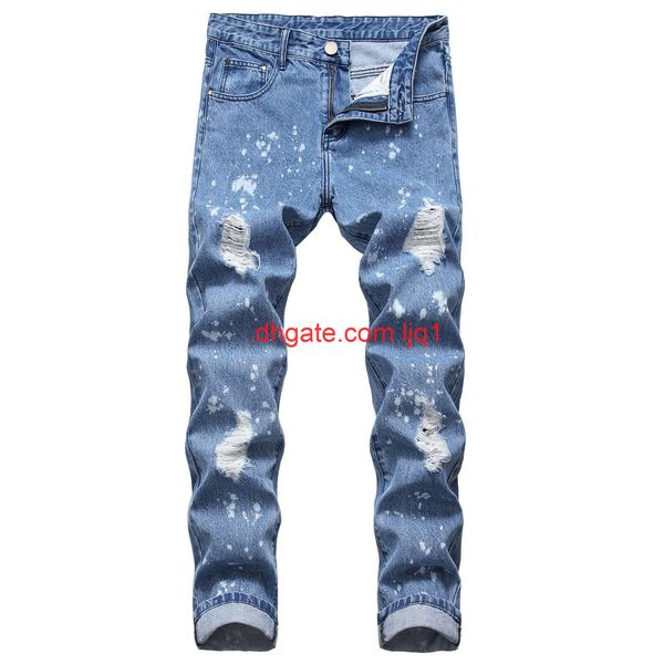 

new men's jeans slim straight hole ink casual men's pants fashion, Blue