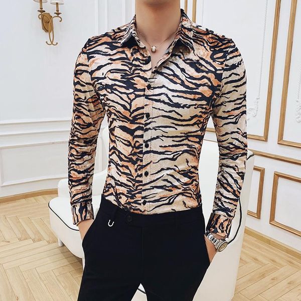 

leopard printed party shirts mens club shirts velvetwinter mens fashion 2020 silk tiger personality fleece dress men, White;black