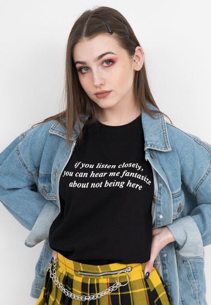 

if you listen closely you can hear me fantasize black t-shirt tumblr summer fashion grunge 90s aesthetic tee women t shirt, White