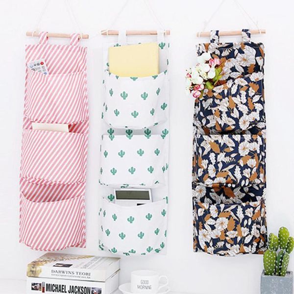 

storage bags cotton linen hanging bag 3 pockets wall mounted wardrobe hang pouch sundries cosmetic toys organizer holder1