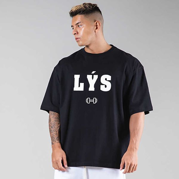 

lyft muscle summer fitness short sleeve men's brother korean cotton loose sports basketball large round neck fitness suit, White;black