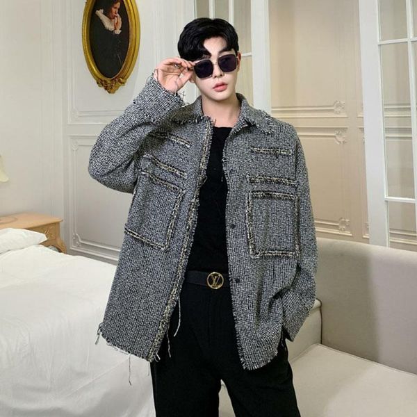 

men's jackets men autumn woolen tassels loose casual plaid jacket male women streetwear hip hop vintage fashion thick shirt coat outerw, Black;brown
