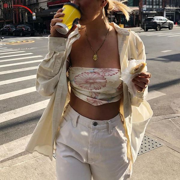 

instasilk tube women backless bandage crop summer spaghetti strap floral printed asymmetric hem female vest1, White
