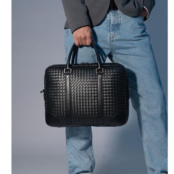 

waxed calfskin портфель реальные кожаные сумки weave подлинная кожа большая емкость сумки