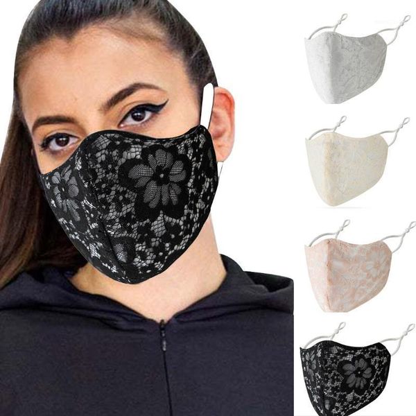 

washable lace flower adjustable cotton breathable dust cotton mask washable fabric mask for mouth reusable maske1, Black