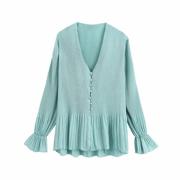 

solid women pressed pleat shirt v neck long sleeve smock femme satin blouse short sleeve casual lady loose blusas s7796, White