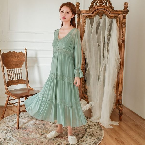 

soft modal 2 pieces women's robe sets spring autumn vintage princess gauze long sleepwear girls tiered night dress home wear y200425, Black;red