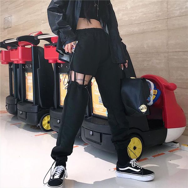 

pants trousers korean punk harajuku hip hop pants version pure black pocket fashion jogger pantalones street fashion size pant, Black;white