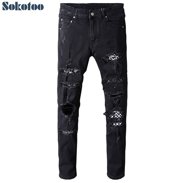 

sokotoo men's black white patch holes ripped jeans plus size slim fit skinny distressed stretch denim pants c1123, Blue