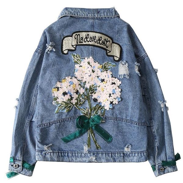 

autumn women denim jacket bomber appliques vintage elegant outwear autumn hole female jacket coat casual jeans, Black;brown