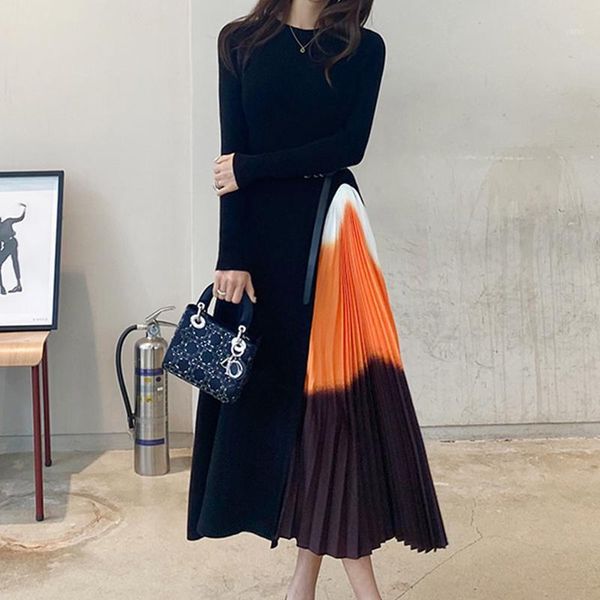 

2021 spring new women vintage patchwork pleated high waist knitted dress office lady elegant gradient color long dresses d0d506t1, Black;gray