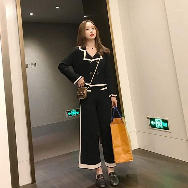 

set female spring and autumn fashion temperament small fragrant knit wide leg pants suit new loose shirt two-piece crop, Gray