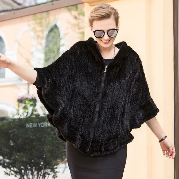 

winter imported water mane with hood mink fur shawl coat c55c, Black