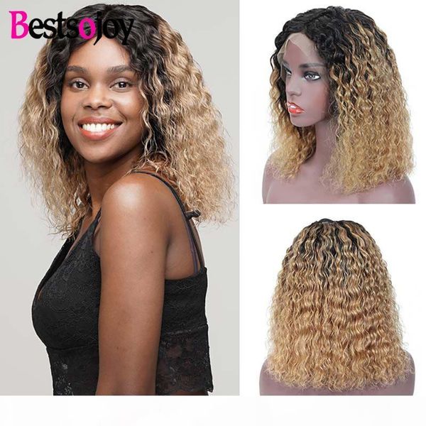 

ojoy curly ombre bob wig for black women 1b27 blonde kinky curly lace front human hair wigs lace frontal closure wig, Black;brown