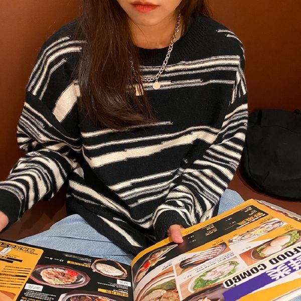 

2021 New Winter autumn South Korean style loose mesh warm female sweaters stripe blouses and pullovers (f1459 2YS5, White;black