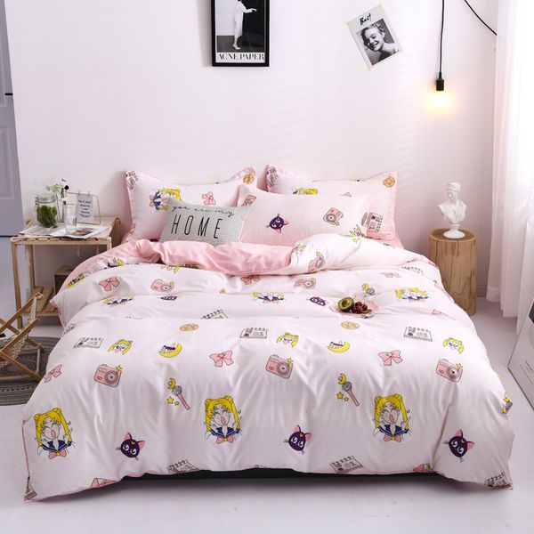 Solstice Home Textile Rosa Cartoon Bettwäsche-Sets Mädchen Kind Teenager Leinen Bettbezug Kissenbezug Bettlaken King Queen Double Single 201127